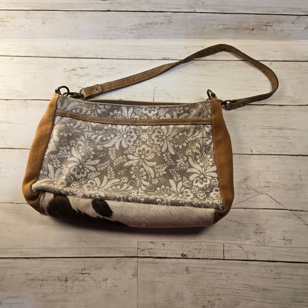 Myra Bag Canvas Cowhide Leather Floral Crossbody Shoulder Bag Brown White Boho